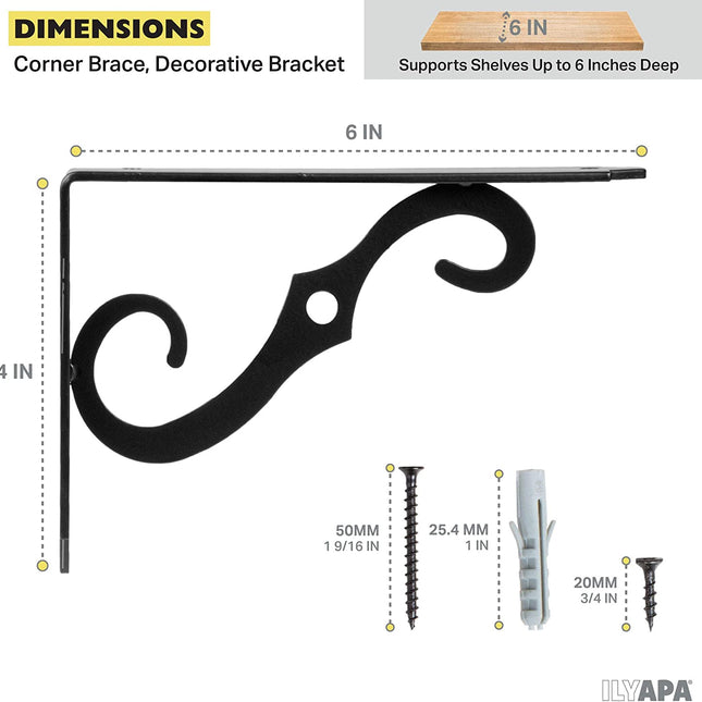 Heavy Duty Floating Shelf Brackets, 4 Pack - 4x6 Inch Decorative Metal Corner Brace Support for Wall Mount Shelves