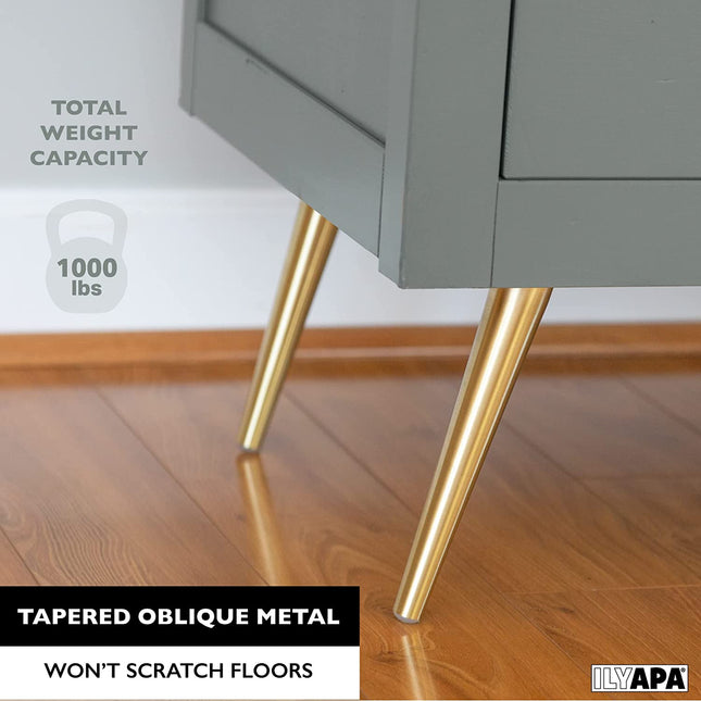 Ilyapa Tapered Oblique Metal Furniture Leg - Set of 4 Gold Mid Century Modern 8 Inch Tapered Replacement Furniture Feet for Sofas, Chairs, Tables