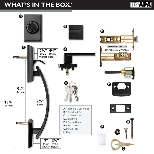 Ilyapa Exterior Door Handleset - Modern, Matte Black Low Profile Lock Set Front Door Handle with Single Cylinder Deadbolt and Halifax Lever, Matte Black
