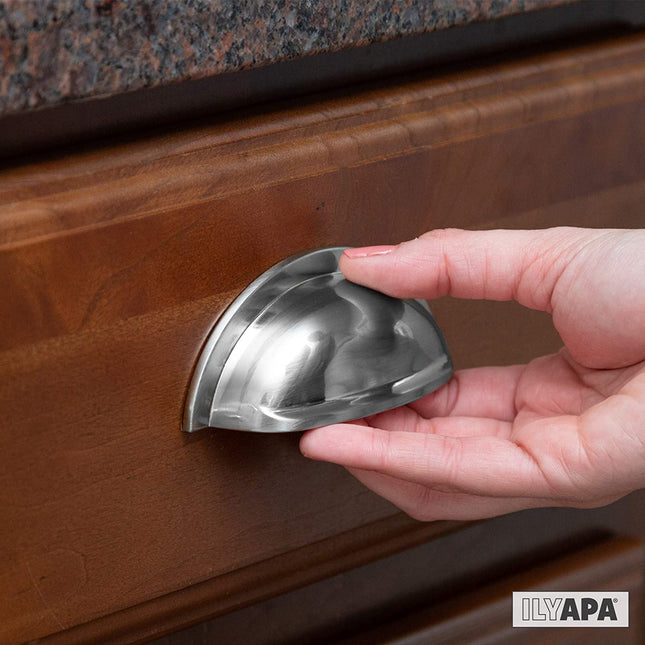 Satin Nickel Kitchen Cabinet Pulls - New 3 Inch Hole Center Bin Cup Drawer Handles - 10 Pack of Kitchen Cabinet Hardware