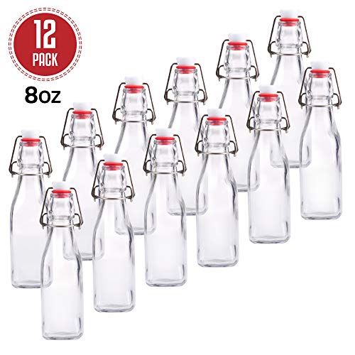 12 Pack of Glass Beer Bottles for Home Brewing - Square 8 oz Bottles with Flip Caps and Funnel