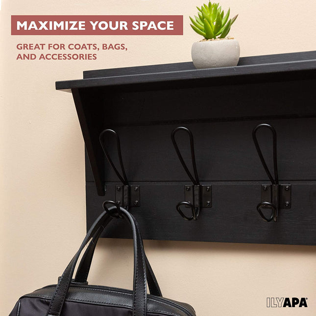 Ilyapa Wooden Coat Rack with Shelf, Wall Mount - Black Wood Hat Hanger with 6 Metal Hooks