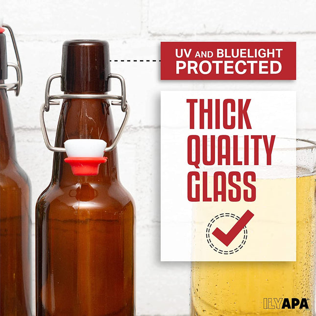 Ilyapa 12oz Amber Glass Beer Bottles for Home Brewing - 12 Pack with Flip Caps for Beer Bottling