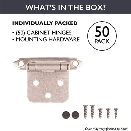 Self Closing Cabinet Hinges Satin Nickel, 50 Pack - Variable Overlay Flush Kitchen Cabinet Door Hinge Hardware