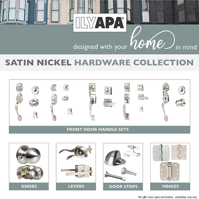 Ilyapa Exterior Door Handleset - Modern, Satin Nickel Low Profile Lock Set Front Door Handle with Single Cylinder Deadbolt and Halifax Lever, Satin Nickel
