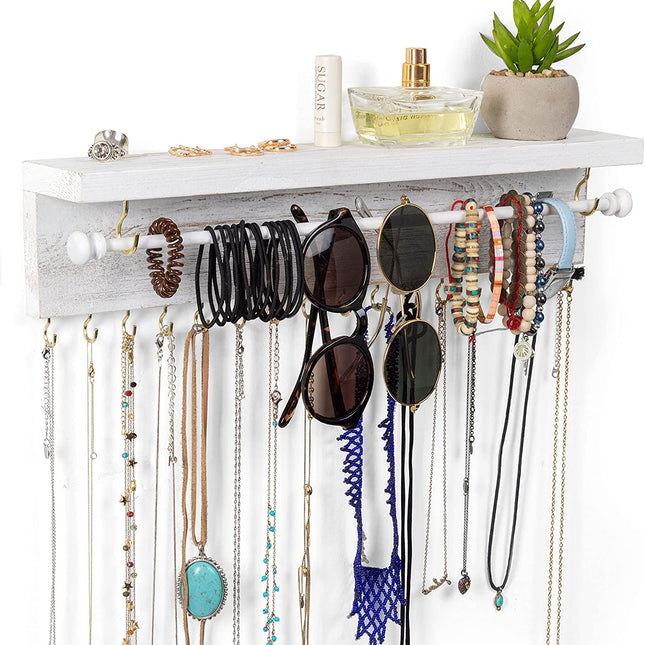 Ilyapa Wall Mounted Jewelry Organizer with Shelf - Rustic White Wood