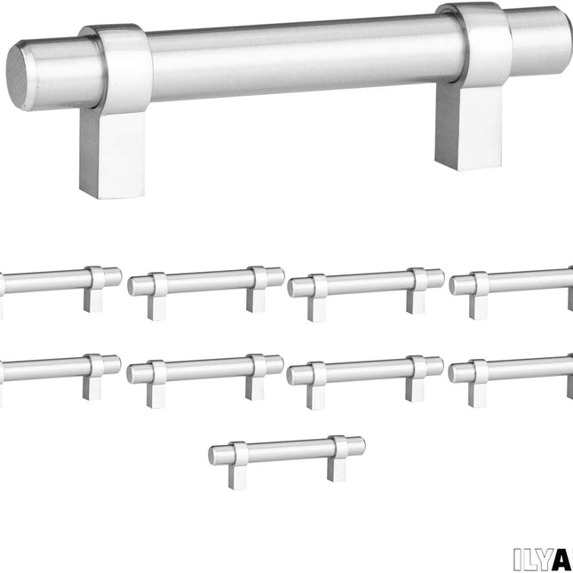 Satin Nickel Kitchen Cabinet Pulls - 3 Inch Hole Center Bar - 10 Pack of Kitchen Cabinet Hardware - New Design