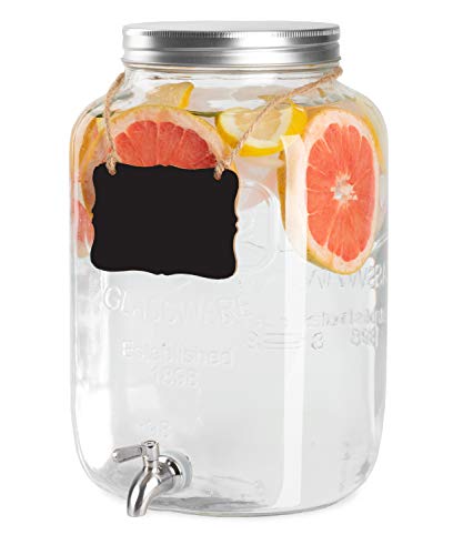 Outdoor Glass Beverage Dispenser with Stainless Steel Spigot - 2 Gallon Drink Dispenser for Lemonade, Tea, Cold Water & More