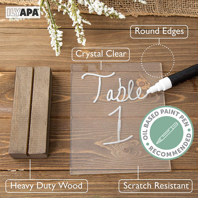 Acrylic Sign Holders with Wood Stands, 4 Pack - Small 5x6 Inch Blank Table Numbers Set for Wedding