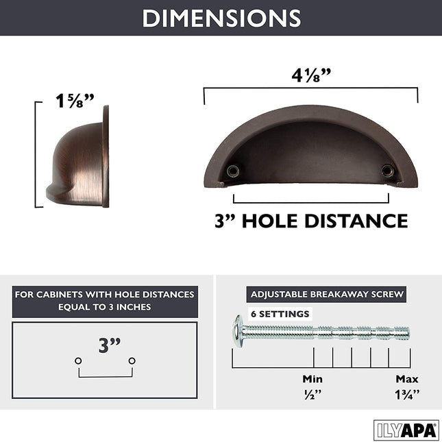 Oil Rubbed Bronze Kitchen Cabinet Pulls - 3 Inch Hole Center Industrial Design Bin Cup Drawer Handles - 10 Pack of Kitchen Cabinet Hardware