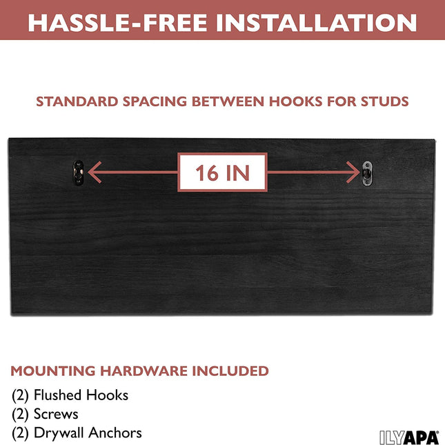 Ilyapa Wooden Coat Rack with Shelf, Wall Mount - Black Wood Hat Hanger with 6 Metal Hooks