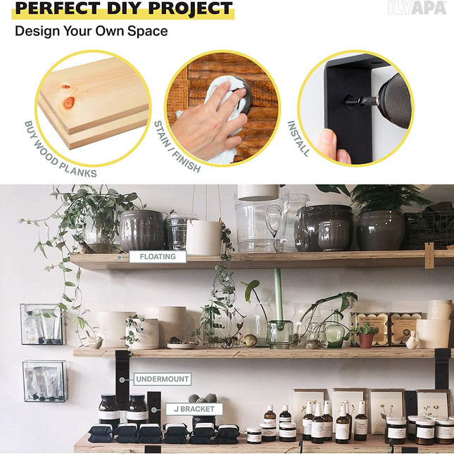 Heavy Duty Steel Floating Shelf Brackets, Undermount Bracket With Lip- Farmhouse Rustic Iron Matte Finish - 4 Pack of 6 x 9.25 Inch Industrial Metal Shelf Holders, Joint Angle Brackets for Wall Shelve