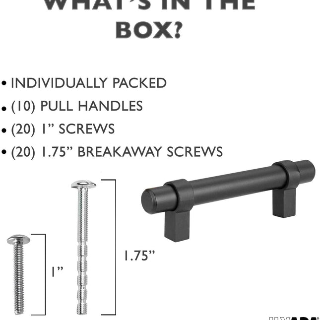 Black Kitchen Cabinet Pulls - 3 Inch Hole Center Bar - 10 Pack of Kitchen Cabinet Hardware - New Design