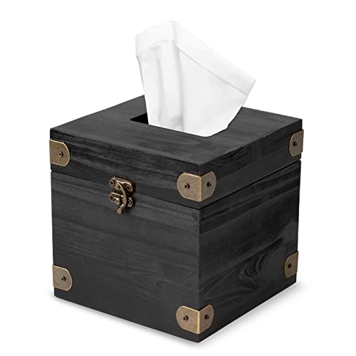 Ilyapa 5 x 6 Rustic Tissue Box Holder - Hinged Lid Tissue Dispenser for Bathroom Living Room Bedroom - Black Weathered Wood