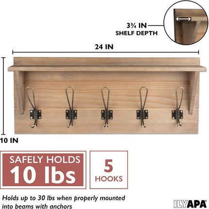 Wall Mounted Coat Rack with Shelf - 24 Inch Rustic Wooden 5 Hook Coat Hanger Rail, Rustic Oak Wood, Black Metal Hooks