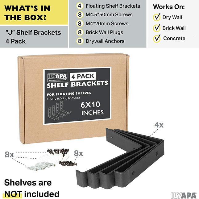 Heavy Duty Steel Floating Shelf Brackets, J Bracket with Lip- Farmhouse Rustic Iron Matte Finish - 4 Pack of 6 x 9.25 Inch Industrial Metal Shelf Holders, Joint Angle Brackets for Wall Mount Shelves