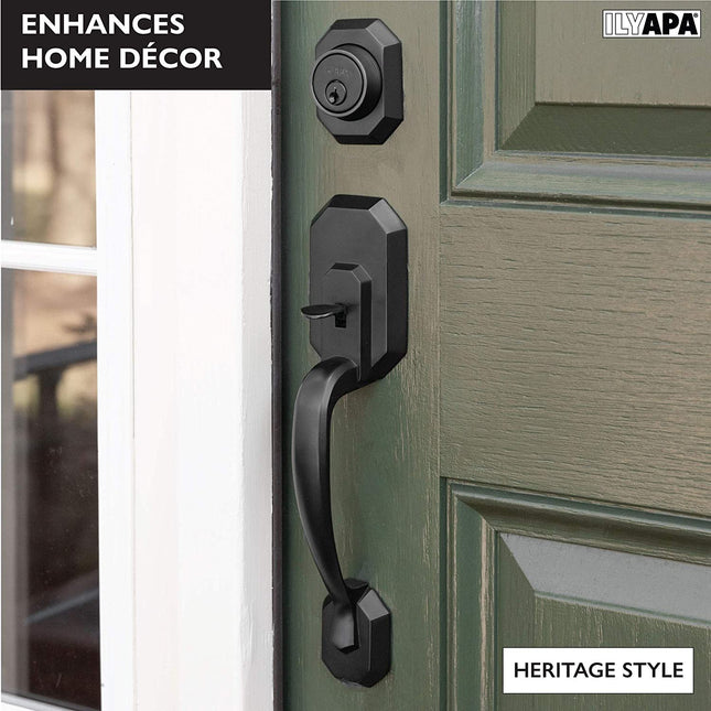 Ilyapa Front Entry Door Handle Set with Deadbolt - Heritage, Matte Black