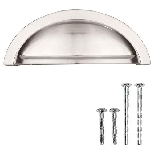 Satin Nickel Kitchen Cabinet Pulls - New 3 Inch Hole Center Bin Cup Drawer Handles - 10 Pack of Kitchen Cabinet Hardware