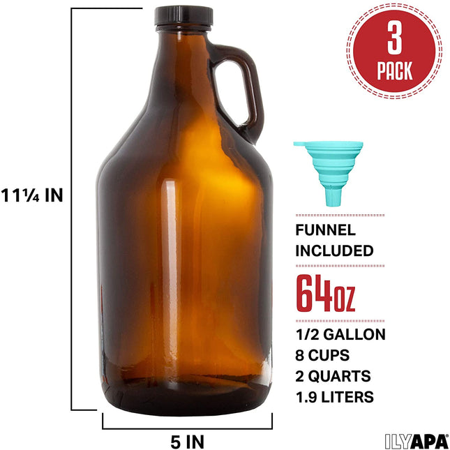 Glass Growlers for Beer, 3 Pack - 64 oz Growler Set with Lids - Great for Home Brewing, Kombucha & More