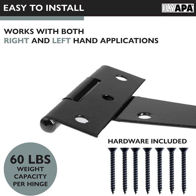 Ilyapa Heavy Duty Gate Hinges, 6 Pack - 8 Inch Outdoor T Strap Hinges for Barn Door, Shed or Wooden Fences
