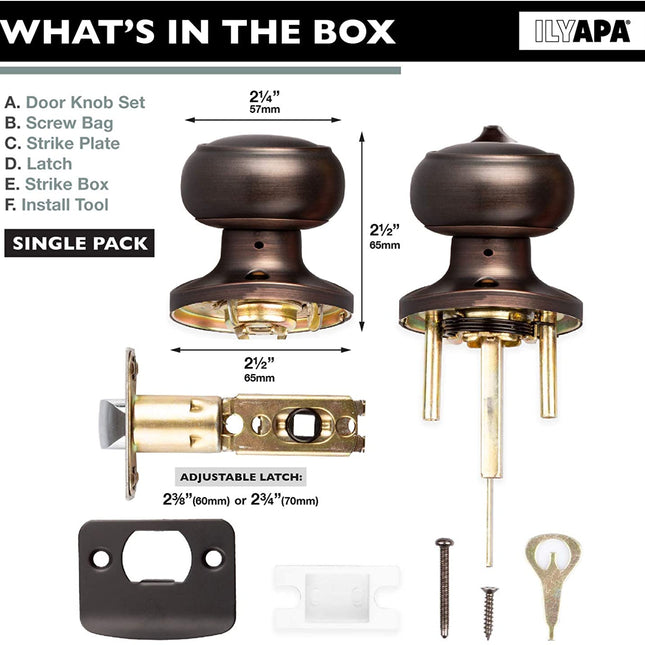 Interior Privacy Door Knob - Keyless Locking Door Handles for Bedroom or Bathroom - Oil Rubbed Bronze Finish