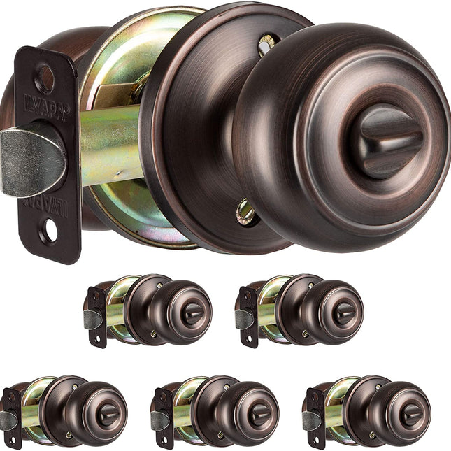Interior Privacy Door knob - Keyless Locking Door Handles for Bedroom and Bathroom - Improved Oil Rubbed Bronze Finish - (6 Pack)