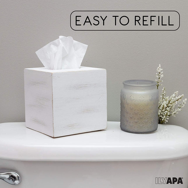 Ilyapa Wood Tissue Box Cover Square - Rustic Farmhouse White Wooden Tissue Holder