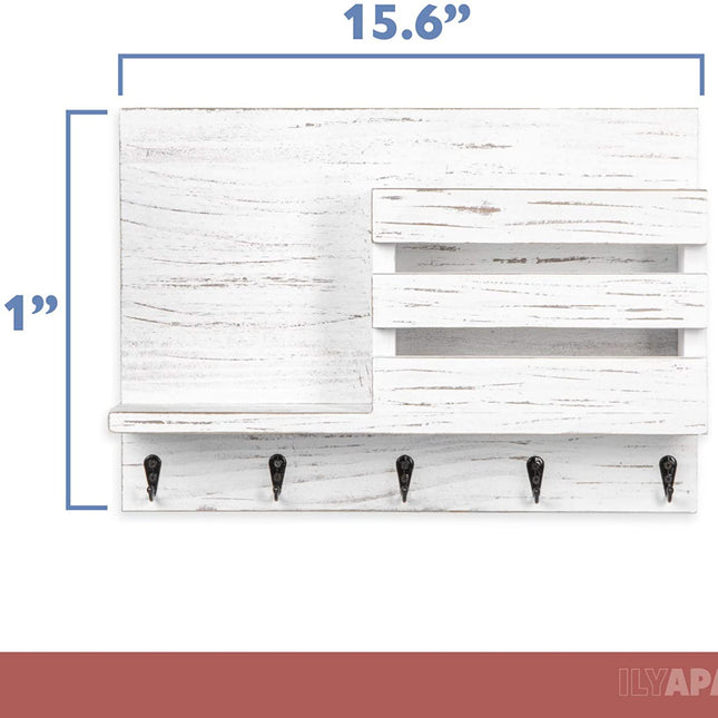 Wood Key and Mail Holder with Shelf - Rustic White Wooden Wall Mount Mail Organizer & Key Rack, Decorative