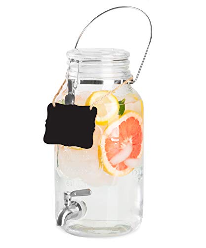 Outdoor Glass Beverage Dispenser with Stainless Steel Spigot, Handle & Hanging Chalkboard - Drink Dispenser for Lemonade, Tea, Cold Water & More