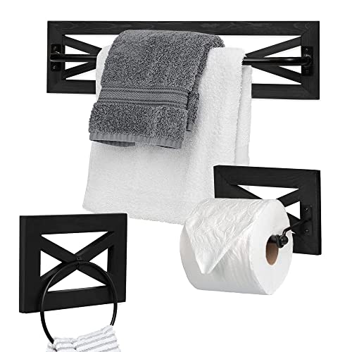 Ilyapa Rustic Towel Bar Toilet Paper Holder Set with Towel Ring for Bathroom- Wall Mounted Bathroom Racks - Black Wood & Black Metal Bar, Farmhouse Decor