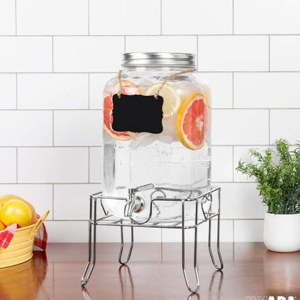 Outdoor Glass Beverage Dispenser with Sturdy Metal Base & Stainless Steel Spigot -2 Gallon Drink Dispenser for Lemonade, Tea, Cold Water & More