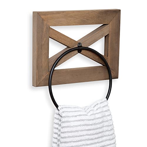 Ilyapa Rustic Hand Towel Ring for Bathroom- Wall Mounted Bathroom Hand Towel Holder - Barnwood & Black Metal Ring, Farmhouse Decor