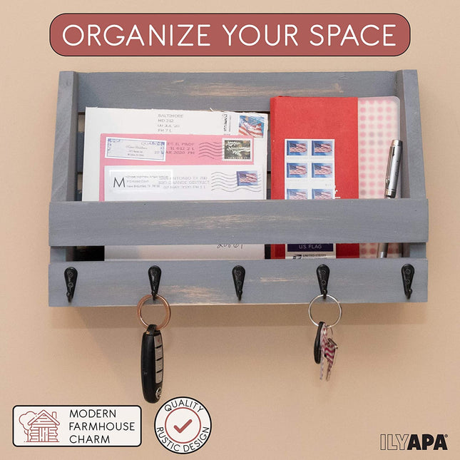 Ilyapa Rustic Gray Wooden Key and Mail Holder - Wall Mounted