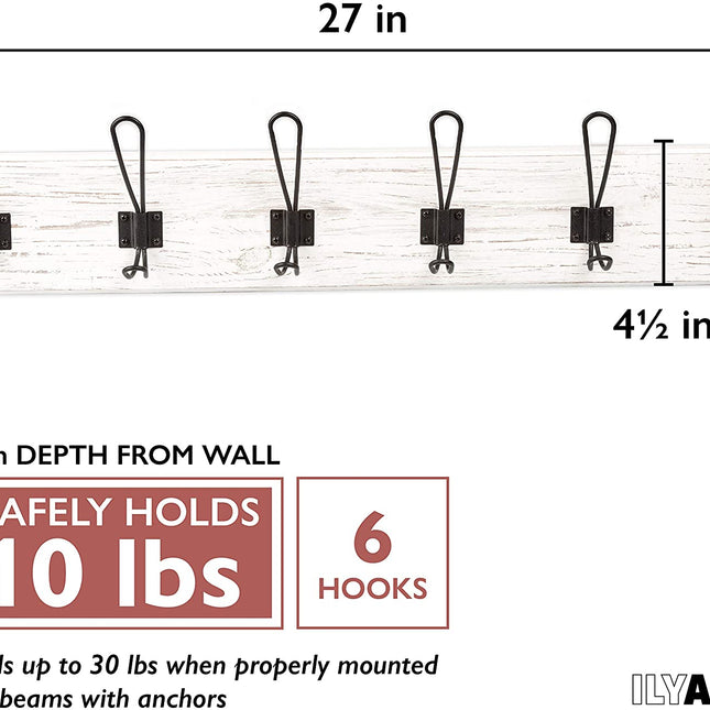 Wall Mounted Coat Rack - Rustic Wooden 6 Hook Coat Hanger Rail, White Distressed Wood, Black Metal Hooks