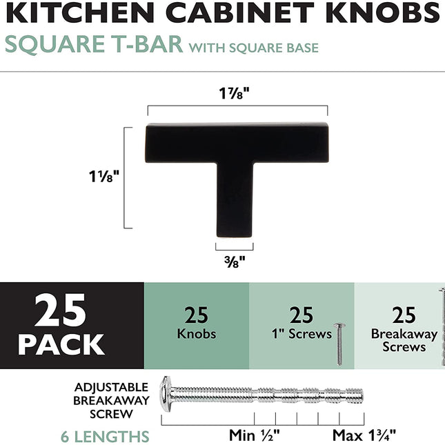 Black Kitchen Cabinet Knobs, 25 Pack - Modern Square T-Knob Drawer Pull Handle Hardware