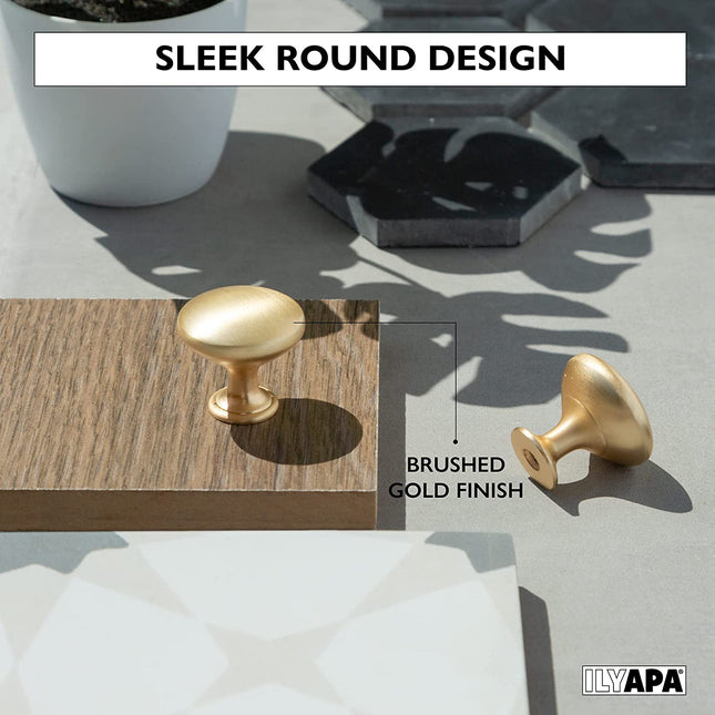 Ilyapa Brushed Gold Kitchen Cabinet Knobs - Round Drawer Handles - 10 Pack of Kitchen Cabinet Hardware