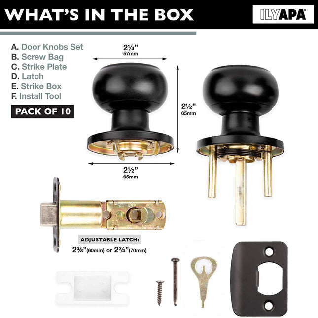 Interior Passage Door Knob - Keyless Hall and Closet Locksets - Hall and Closet - Improved Matte Black Finish - (10 Pack)