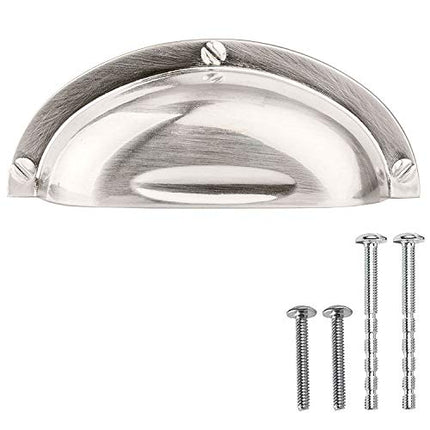 Satin Nickel Kitchen Cabinet Pulls - 3 Inch Hole Center Industrial Design Bin Cup Drawer Handles - 10 Pack of Kitchen Cabinet Hardware