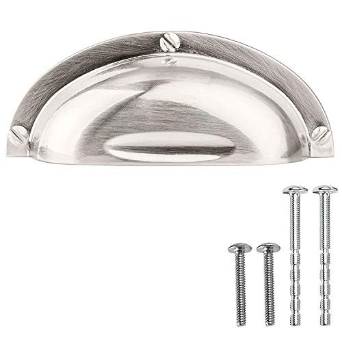 Satin Nickel Kitchen Cabinet Pulls - 3 Inch Hole Center Industrial Design Bin Cup Drawer Handles - 10 Pack of Kitchen Cabinet Hardware