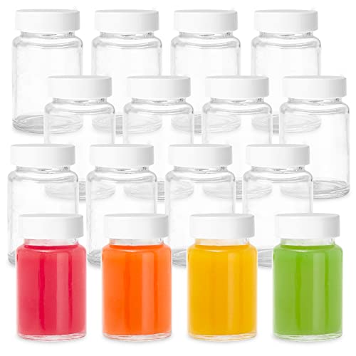 Ilyapa Juice Shot Bottles Pack of 16 - 2oz On The Go Beverage Storage Container with White Cap, Reusable, Leak Proof