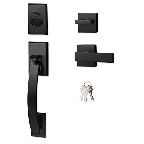 Ilyapa Exterior Door Handleset - Modern, Matte Black Low Profile Lock Set Front Door Handle with Single Cylinder Deadbolt and Halifax Lever, Matte Black